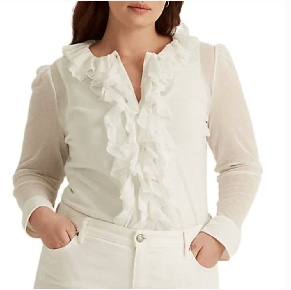 LAUREN RALPH LAUREN White Ruffle Trim Tulle Cardigan // XL